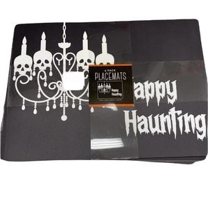 Halloween Skull Chandelier Placemats Happy Haunting Spooky Vinyl Black Set of 4